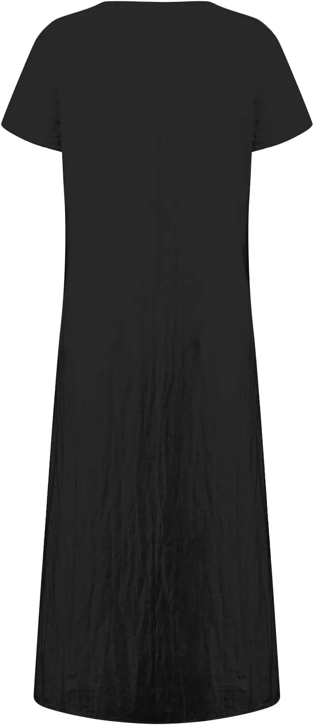 Summer Linen Maxi Dresses for Women Boho Casual Short Sleeve Loose Comfy Beach Vacation Long Dress with Pockets