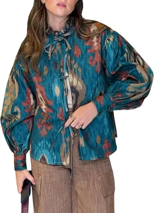 Tankaneo Womens Floral Printed Tie Front Blouses Dressy Casual Vintage Mock Neck Tops Oversized Long Sleeve Shirts