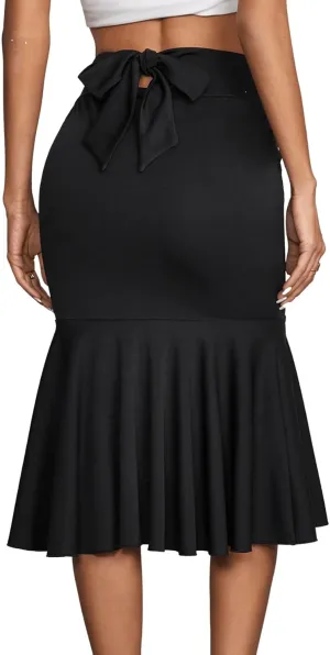 WDIRARA Women's Elegant High Waisted Bodycon Skirt Tie Back Ruffle Hem Midi Skirts Black M
