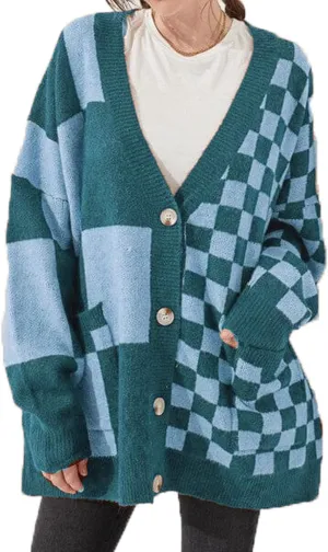 Women Checkered Oversized Cardigan Loose Deep V Neck Long Sleeve Button Down Sweater with Pockets Vintage Streetwear