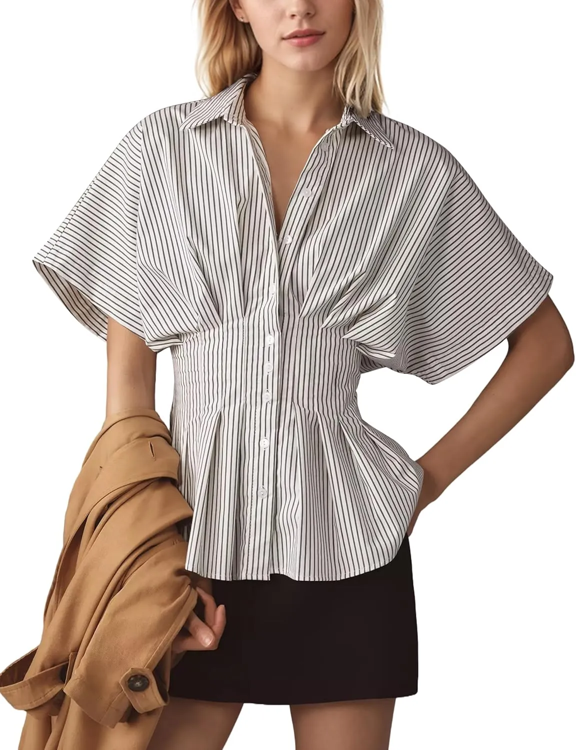Women Striped Button Pleated Shirt Short Sleeve Summer Casual Peplum Blouse White