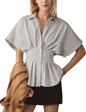 Women Striped Button Pleated Shirt Short Sleeve Summer Casual Peplum Blouse White