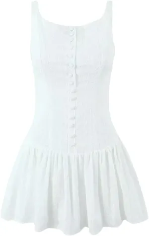 Women Summer Mini White Dress Cotton Sleeveless Drop-Waist Eyelet Buttons Down Party Dresses