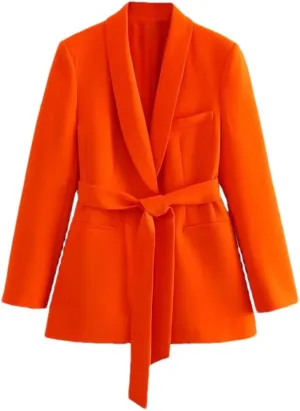 Women White Long Blazer Belt Basics Jacket Long Sleeve Button Notched Straight Blazers