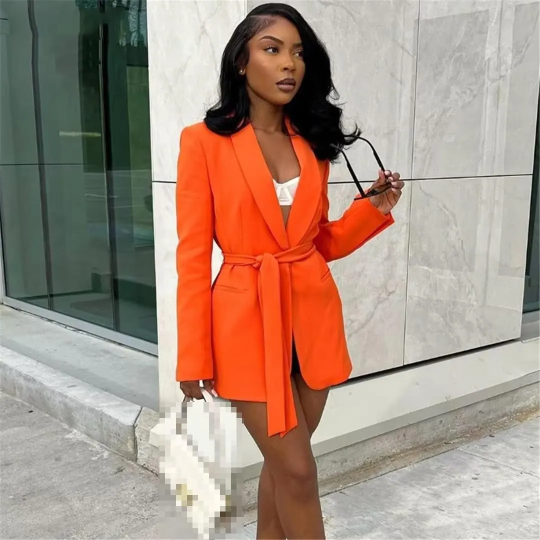 Women White Long Blazer Belt Basics Jacket Long Sleeve Button Notched Straight Blazers