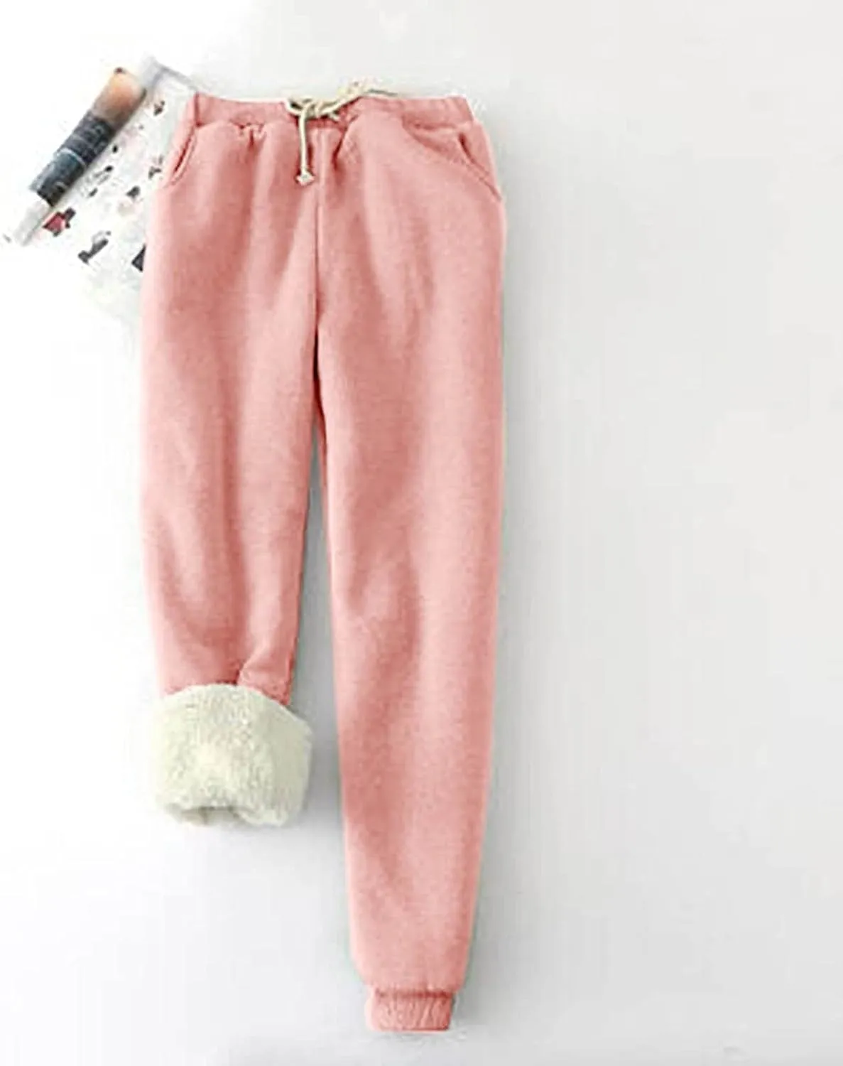 Women's Fleece Sherpa Lined Sweatpants Winter Thermal Soft Tapered Pants Basic Solid Elastic Waist Drawstring Pants