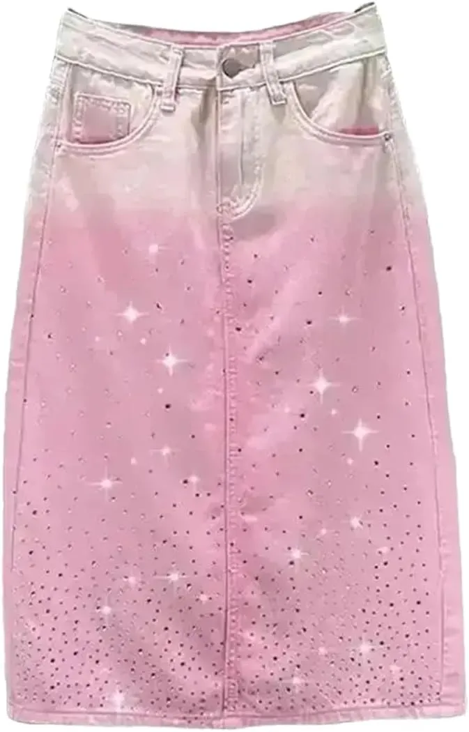 Women's Gradient Pink Denim Skirt, Diamond Accent Split Hem High Waist Design