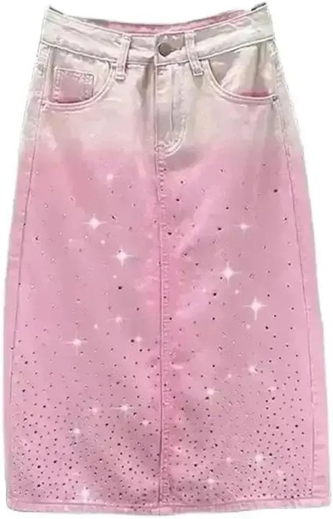 Women's Gradient Pink Denim Skirt, Diamond Accent Split Hem High Waist Design