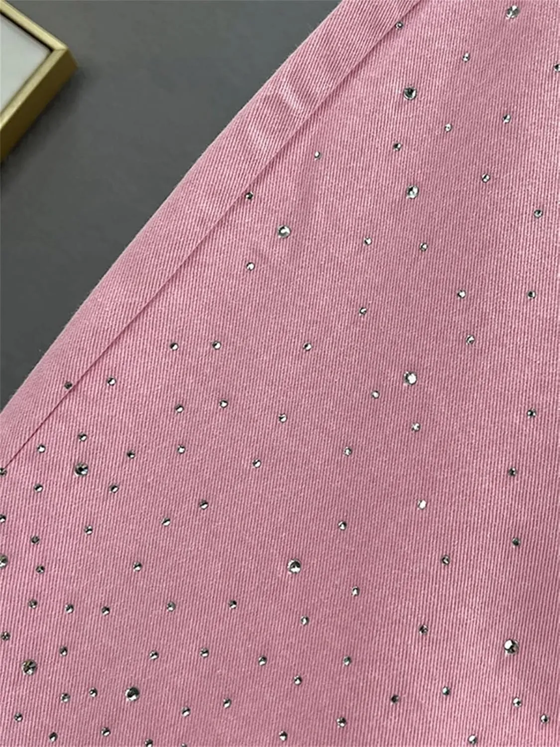 Women's Gradient Pink Denim Skirt, Diamond Accent Split Hem High Waist Design