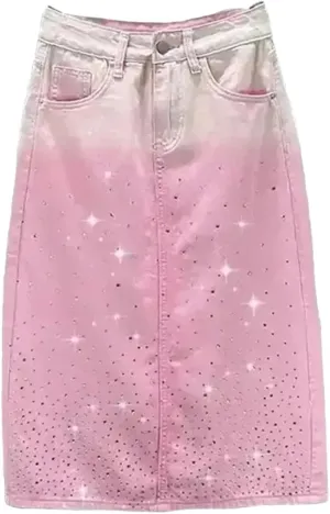 Women's Gradient Pink Denim Skirt, Diamond Accent Split Hem High Waist Design