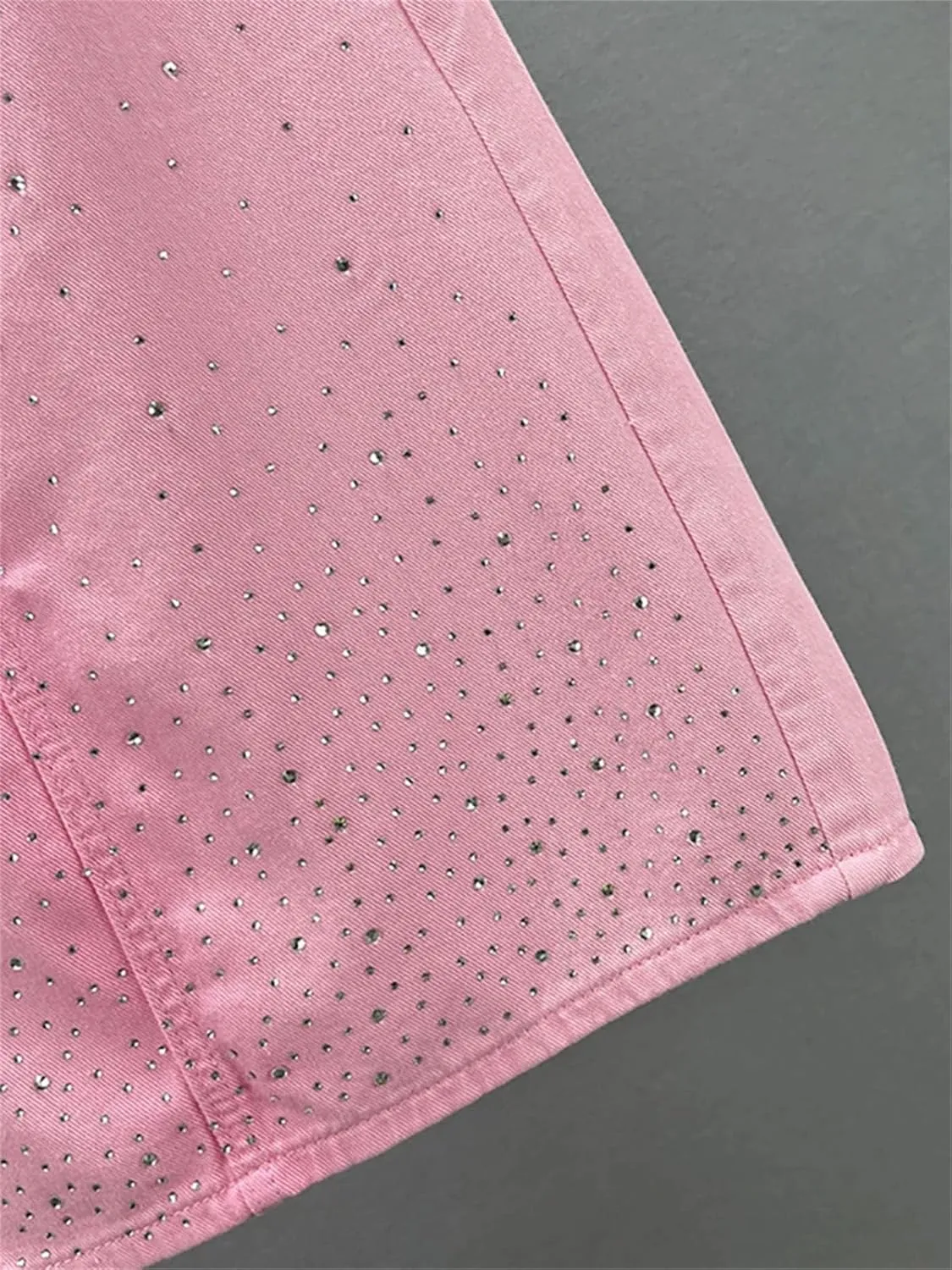 Women's Gradient Pink Denim Skirt, Diamond Accent Split Hem High Waist Design