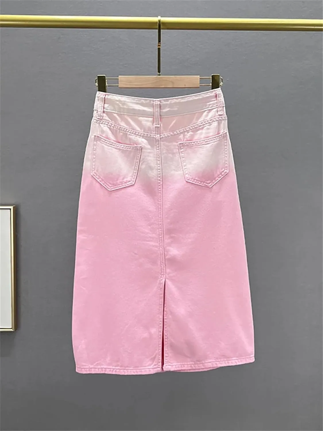 Women's Gradient Pink Denim Skirt, Diamond Accent Split Hem High Waist Design