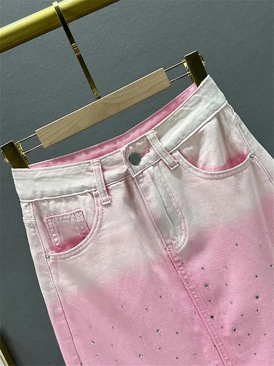 Women's Gradient Pink Denim Skirt, Diamond Accent Split Hem High Waist Design