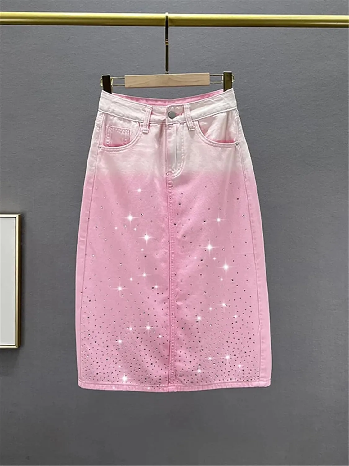 Women's Gradient Pink Denim Skirt, Diamond Accent Split Hem High Waist Design
