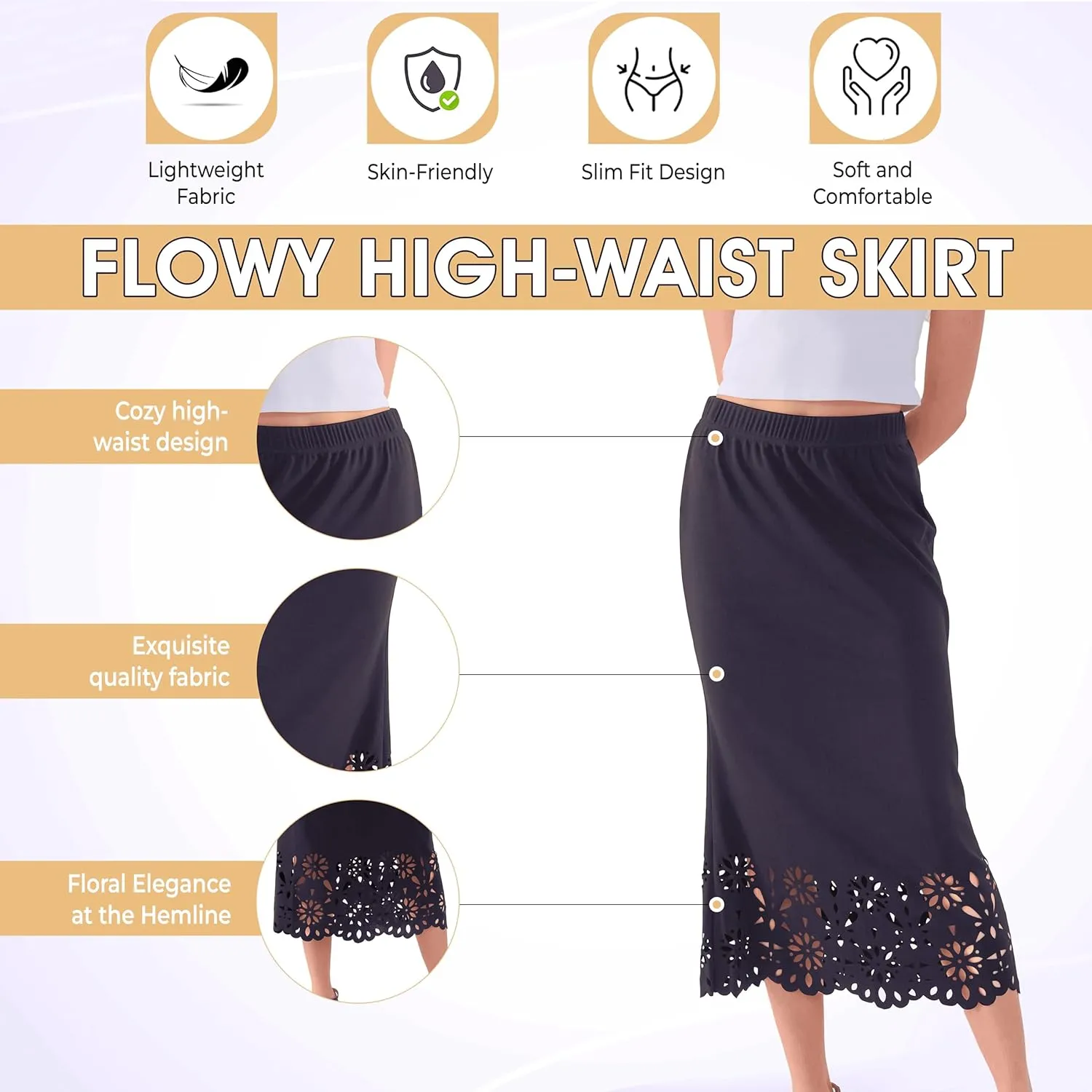 Women's Midi Skirt with Flower Hemline - High Waisted Skirts for Women Midi Skirts - Women's Travel Outfits