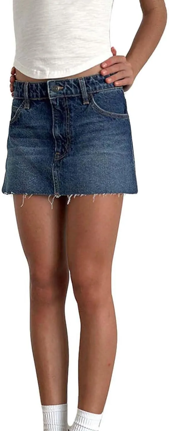 Women's Single Button Front Low Waist Raw Hem Plain Denim Mini Skirt with Pockets