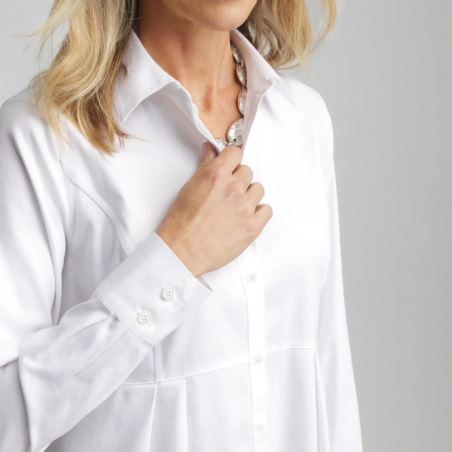 Womens White Peplum Pleated Button Down Shirt Long Sleeve Top Casual Blouse