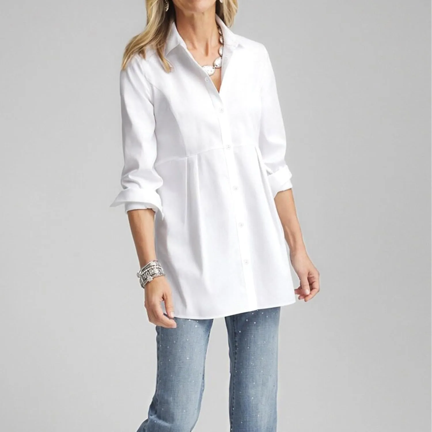Womens White Peplum Pleated Button Down Shirt Long Sleeve Top Casual Blouse