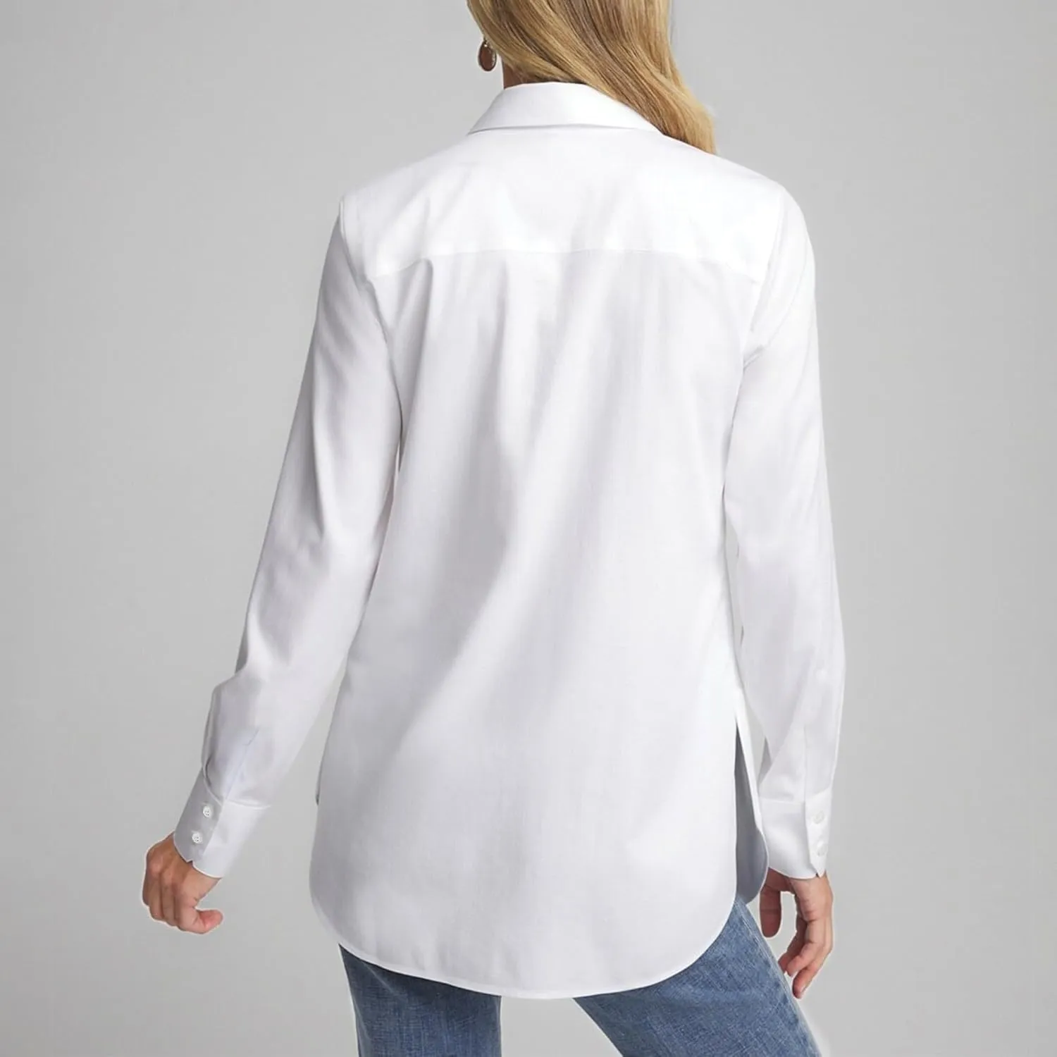 Womens White Peplum Pleated Button Down Shirt Long Sleeve Top Casual Blouse