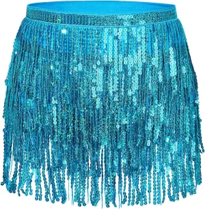 Zando Women's Belly Dance Hip Scarf Skirt Sparkly Tassel Disco Outfits Sequin Wrap Rave Costumes Fringe Skirt